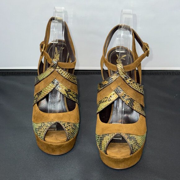 YVES SAINT LAURENT SNAKESKIN AND SUEDE PEEP-TOE SANDALS - Picture 2 of 8